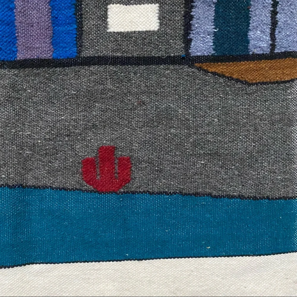 Vintage Blue Green Brown Mountain Village Tapestry